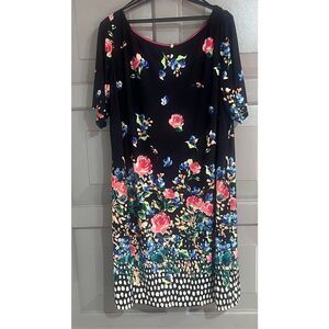 Eliza J Plus Size Black Floral Short Sleeve Exposed Back Zipper Shift Dress Sz 2
